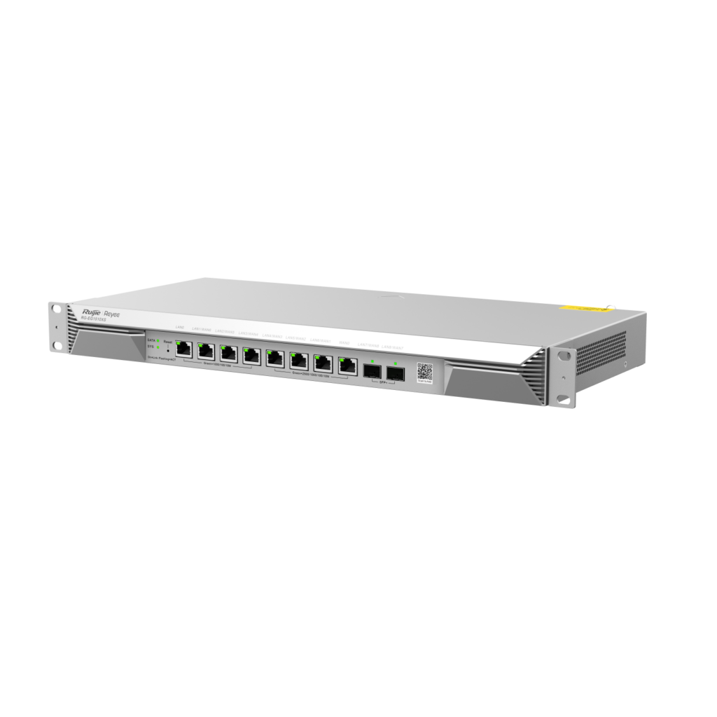 Silver network switch with multiple LAN ports, labeled LEDs, and ventilation on the sides, designed for server rack mounting.