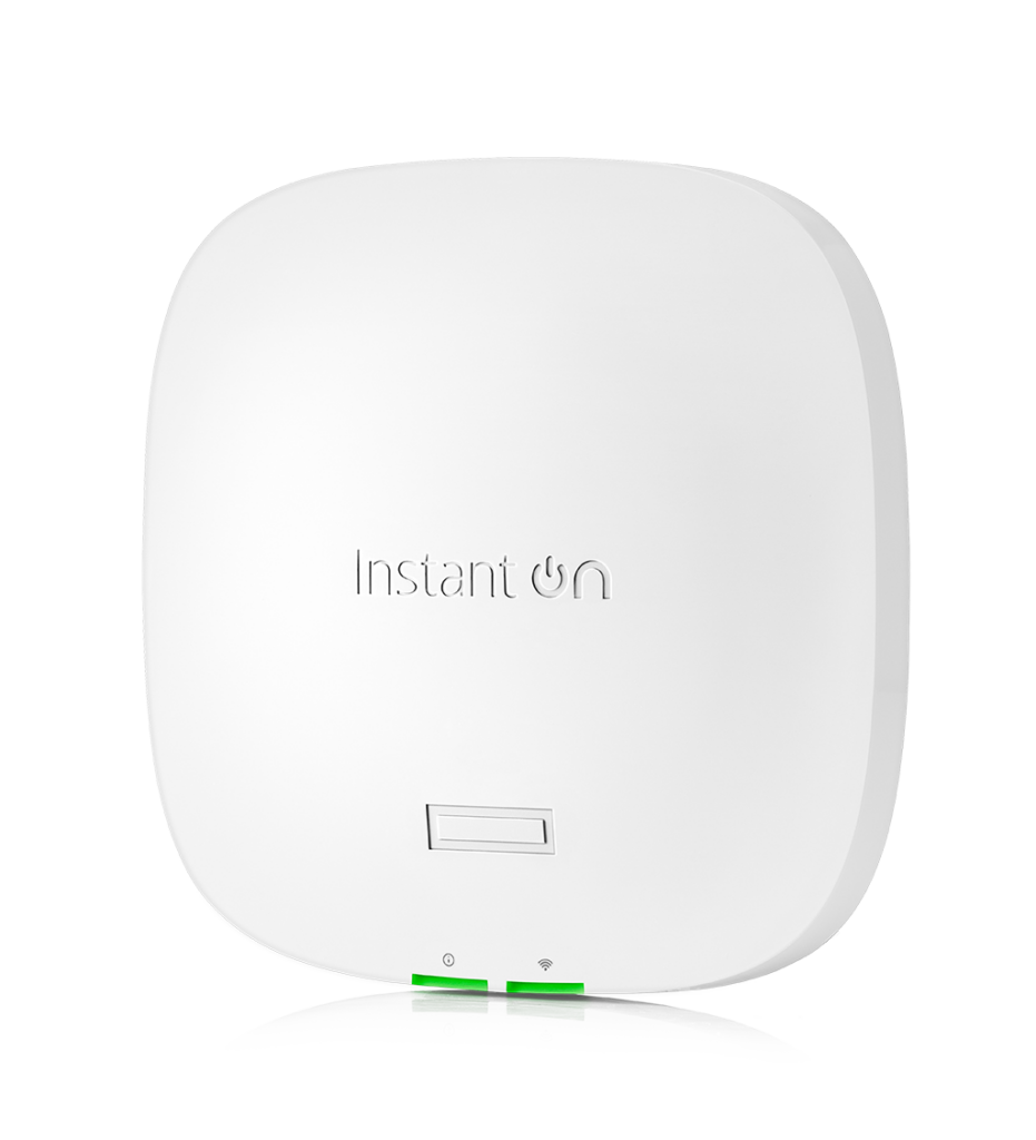 Front view of a white Aruba Instant On AP21 wireless access point with status indicators and Instant On logo.