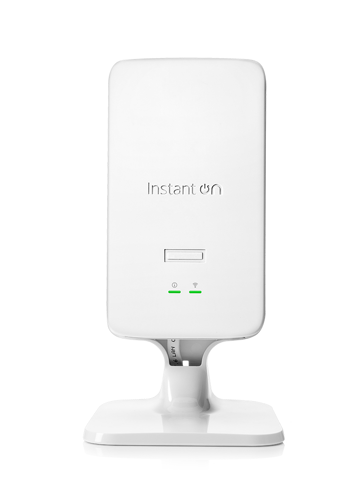 Front view of a white Aruba Instant On AP22D wireless access point on a stand, showing status indicators and the Instant On logo.
