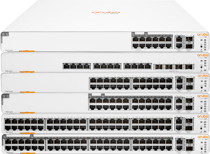 Stack of five Aruba Instant On network switches with multiple ports.