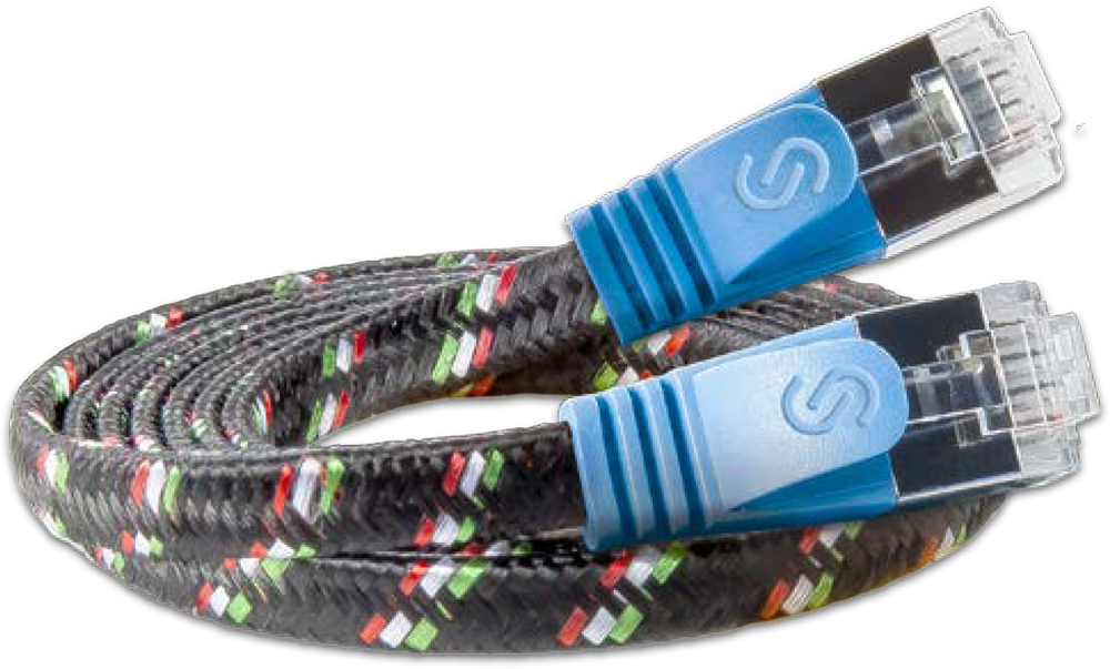 Multicolored Ethernet cable with clear RJ45 connectors, coiled and ready for network connection use.