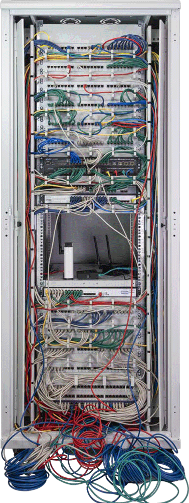Close-up of network patch panels with multi-colored Ethernet cables connected on a silver background.