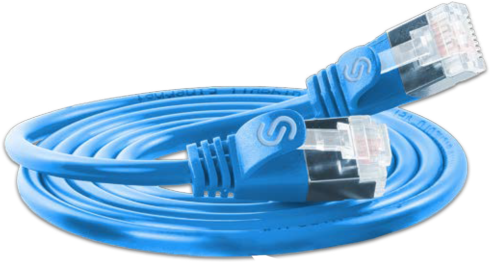 Blue Ethernet cable with clear RJ45 connectors, coiled and ready for network connection use.